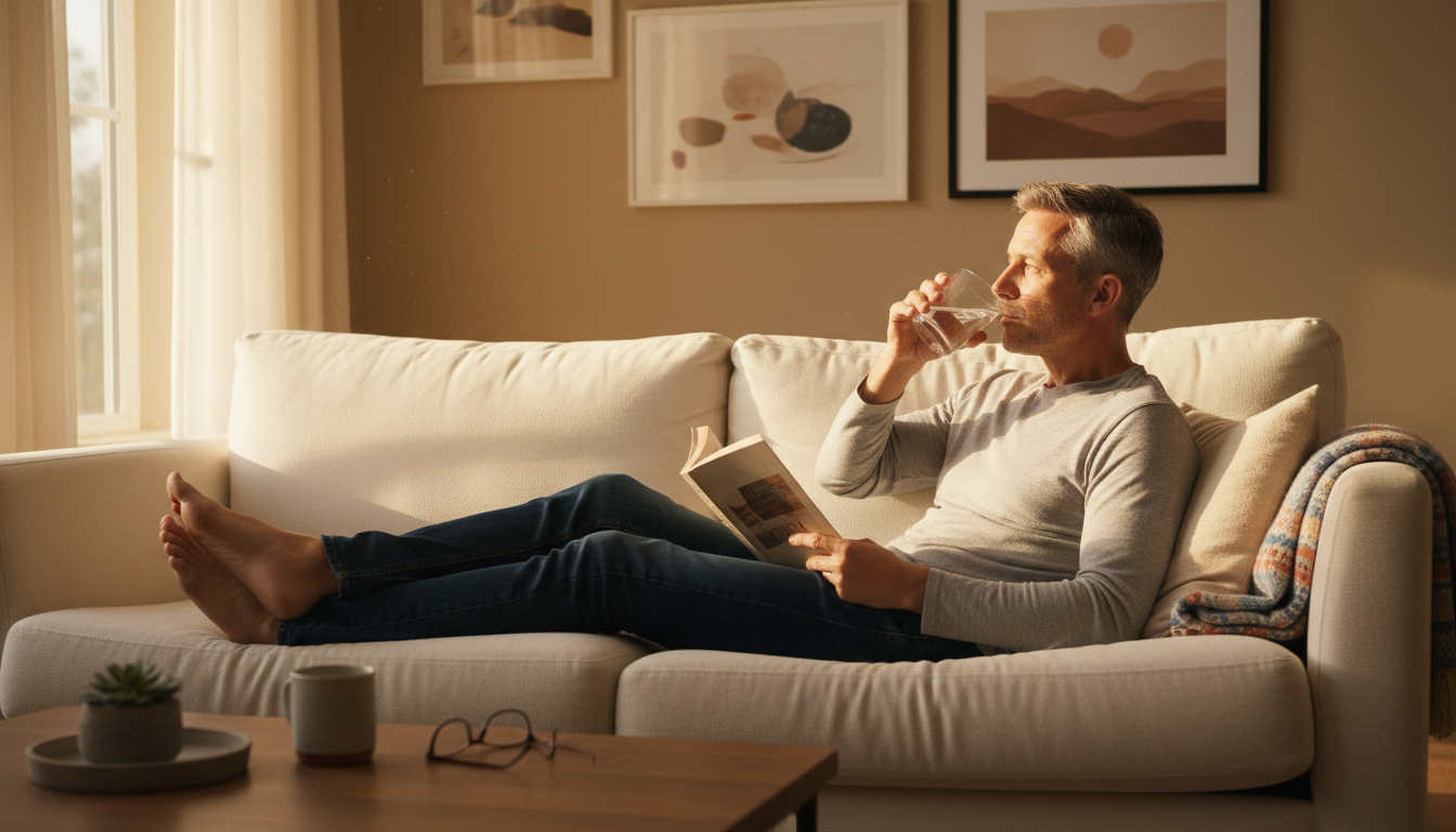 Homme buvant un verre d'eau naturellement chez lui