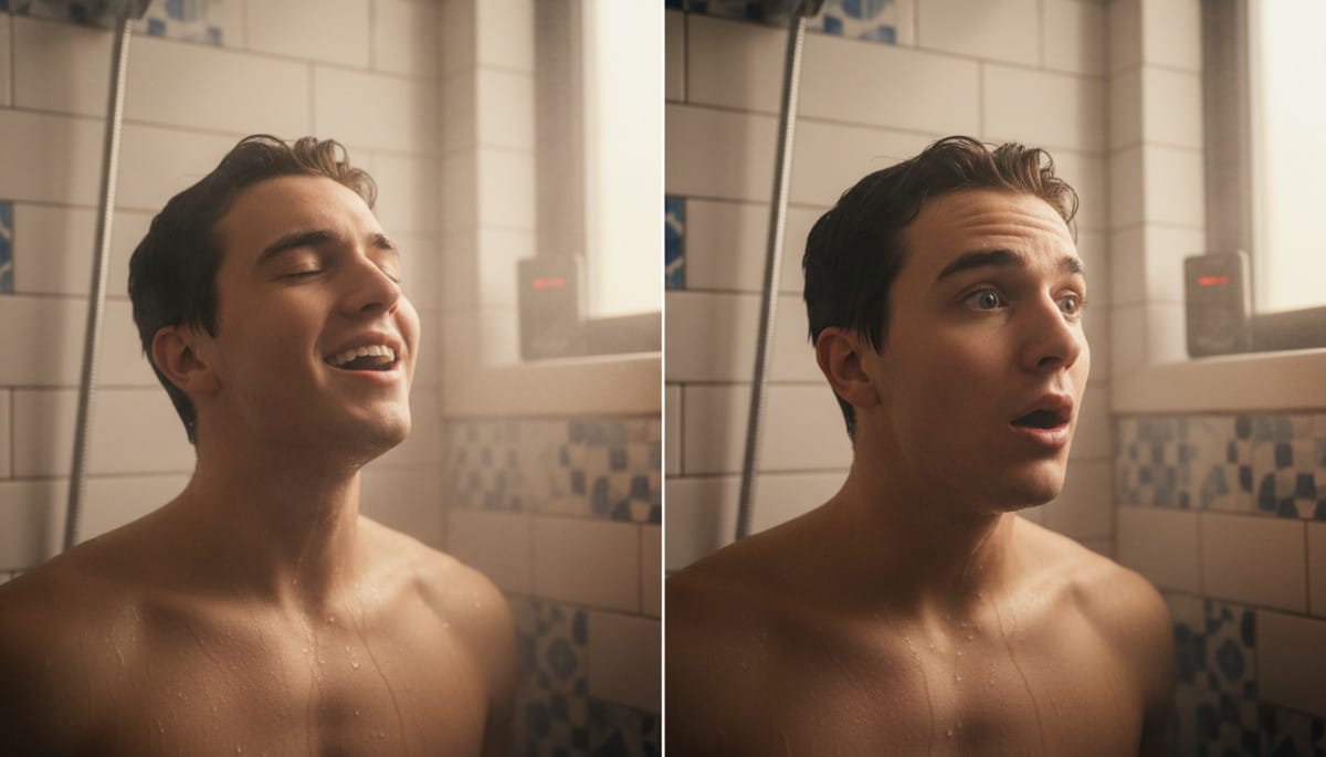 Homme chantant sous la douche face à un enregistreur