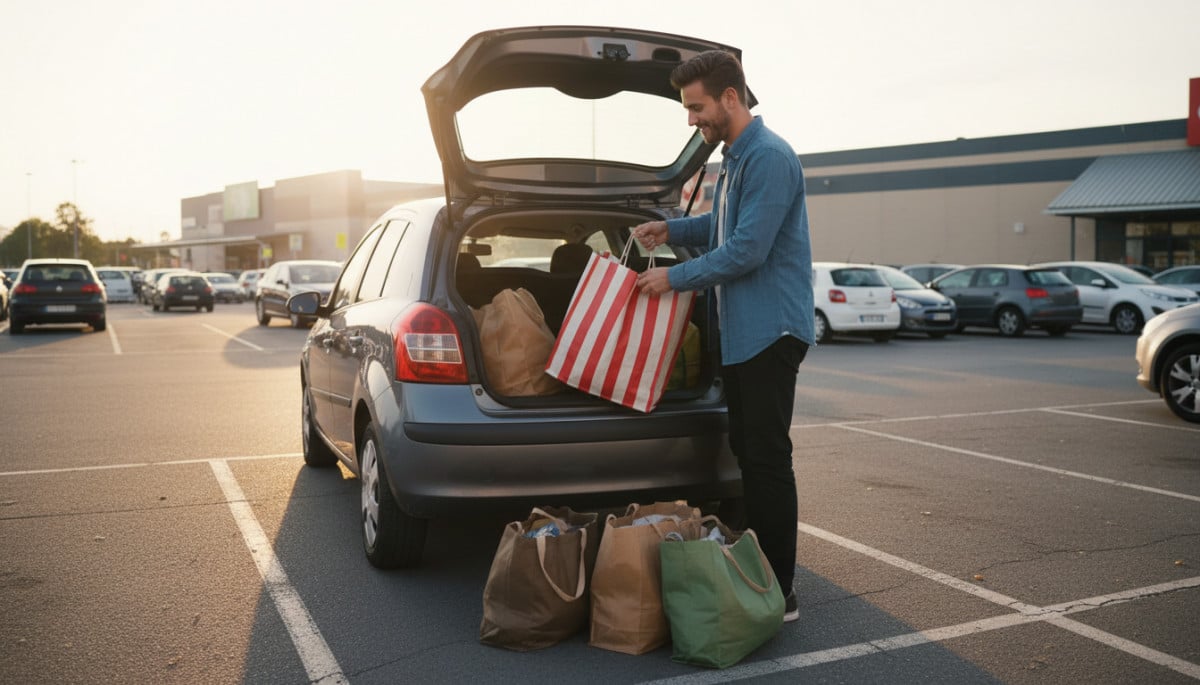 Homme chargeant des courses dans sa voiture