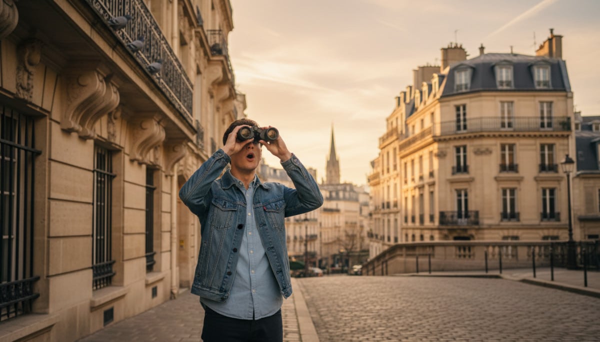 Homme cherchant des pigeons sur les toits parisiens