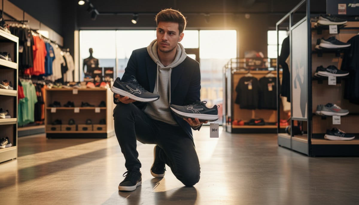 Homme comparant deux paires de baskets en magasin