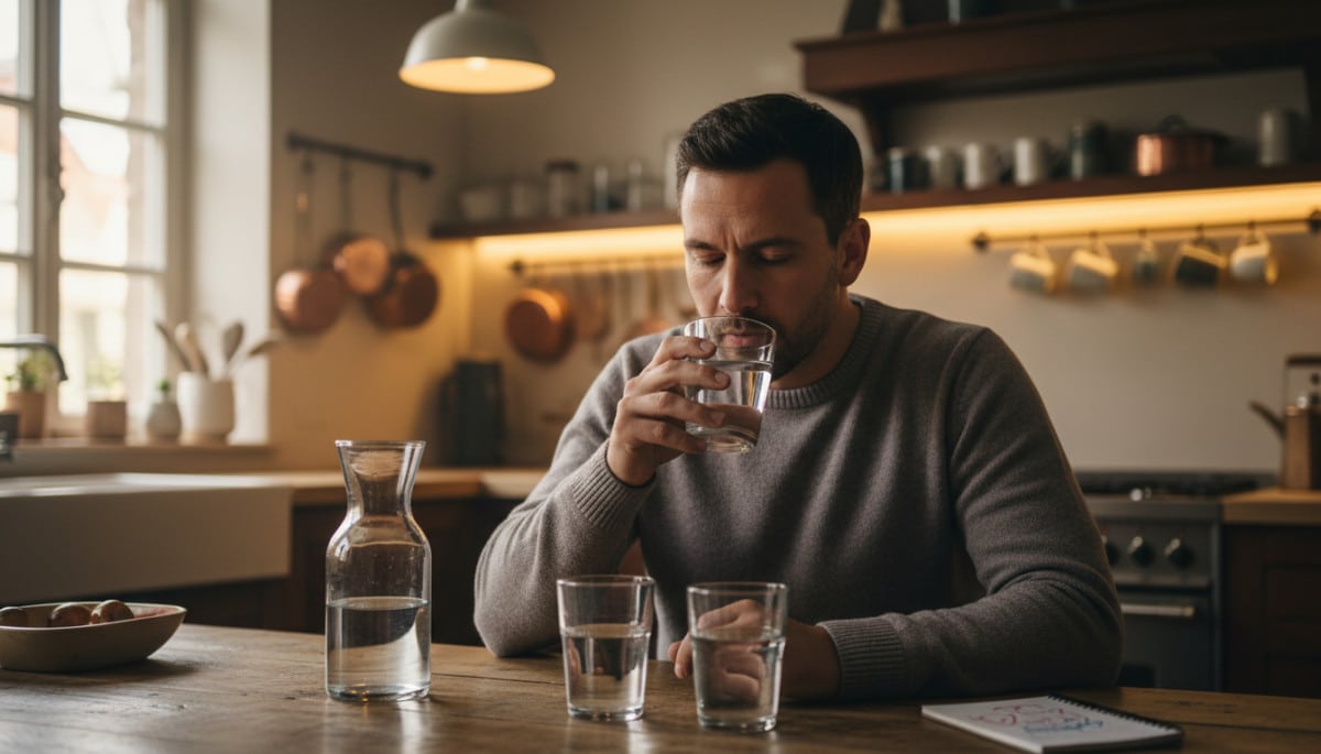 Homme comparant le goût de deux verres d'eau différents