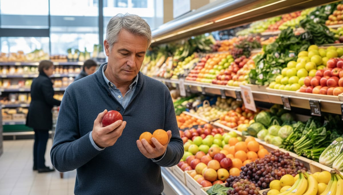 Homme comparant pommes et clémentines en supermarché