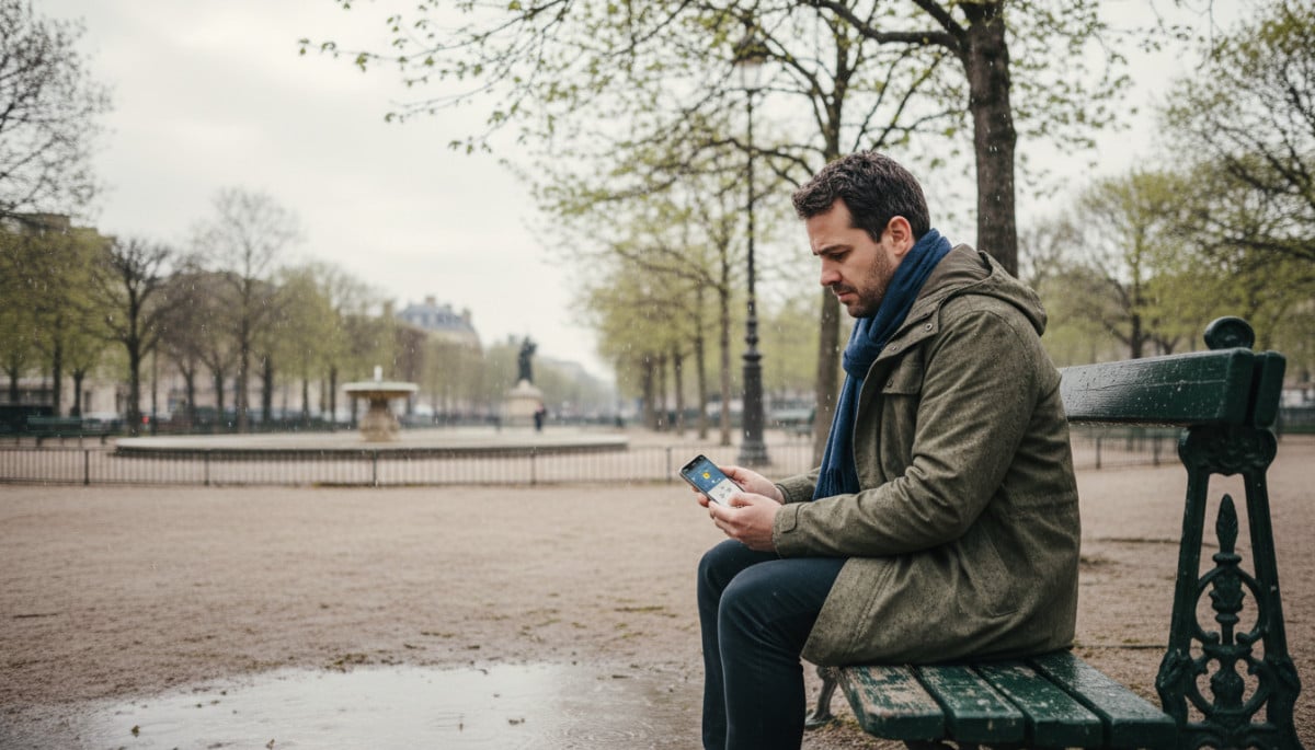 Homme consultant la météo sous un ciel parisien couvert