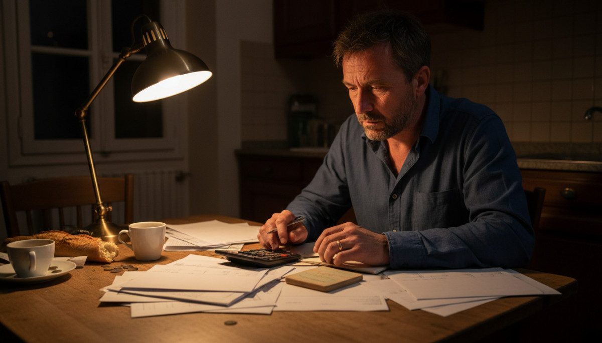 Homme consultant ses relevés bancaires le soir