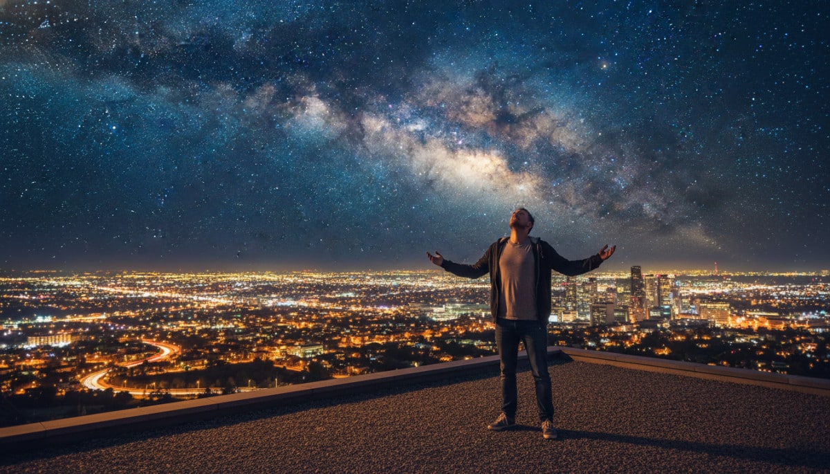 Homme contemplant la Voie lactée depuis un toit