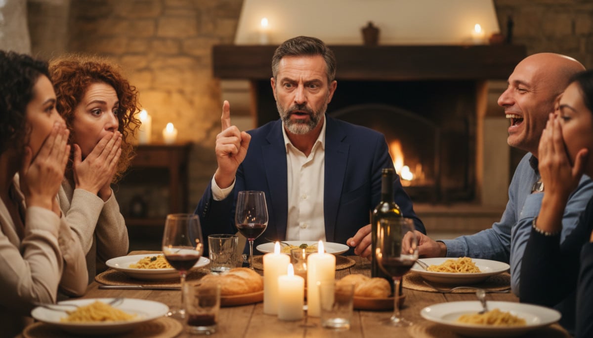 Homme corrigeant une idée reçue à table