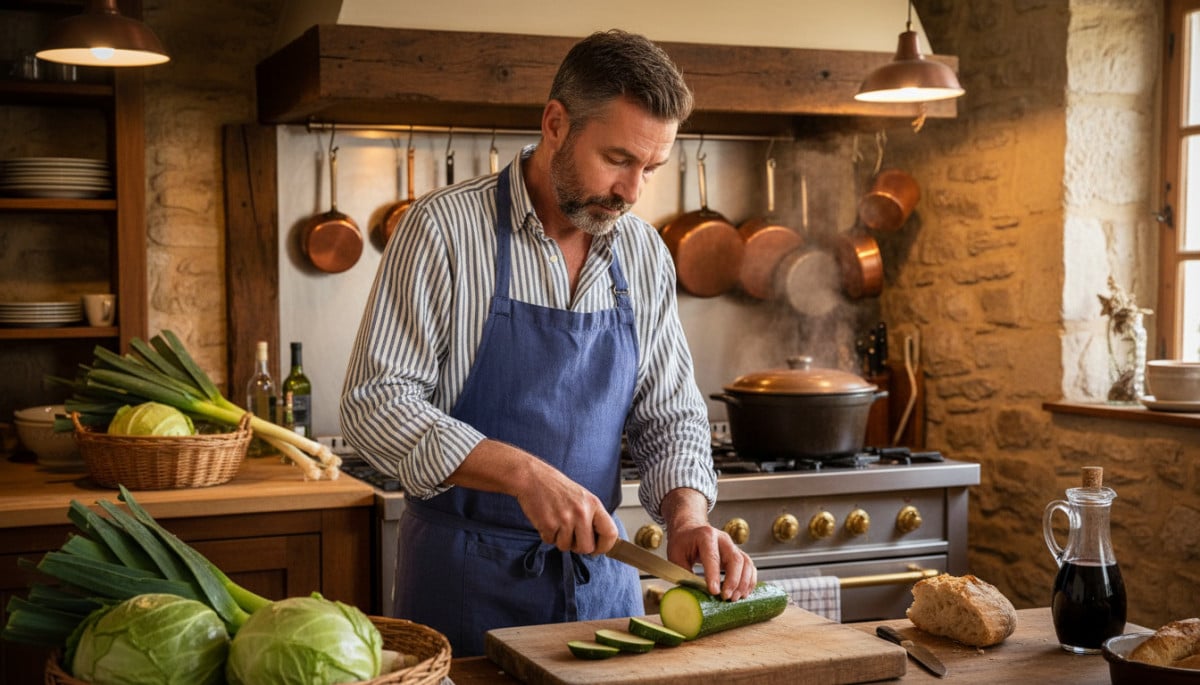 Homme coupant une courgette dans une cuisine française