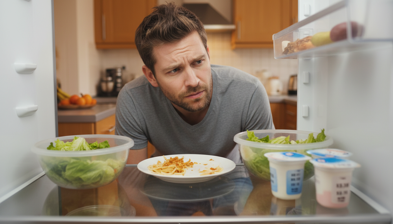 Homme découvrant des restes périmés dans son réfrigérateur