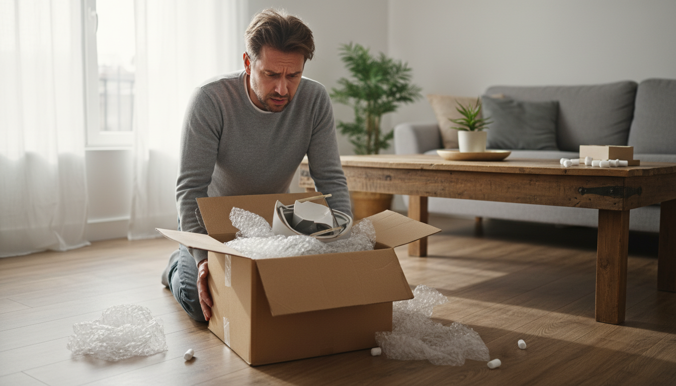 Homme découvrant un colis abîmé