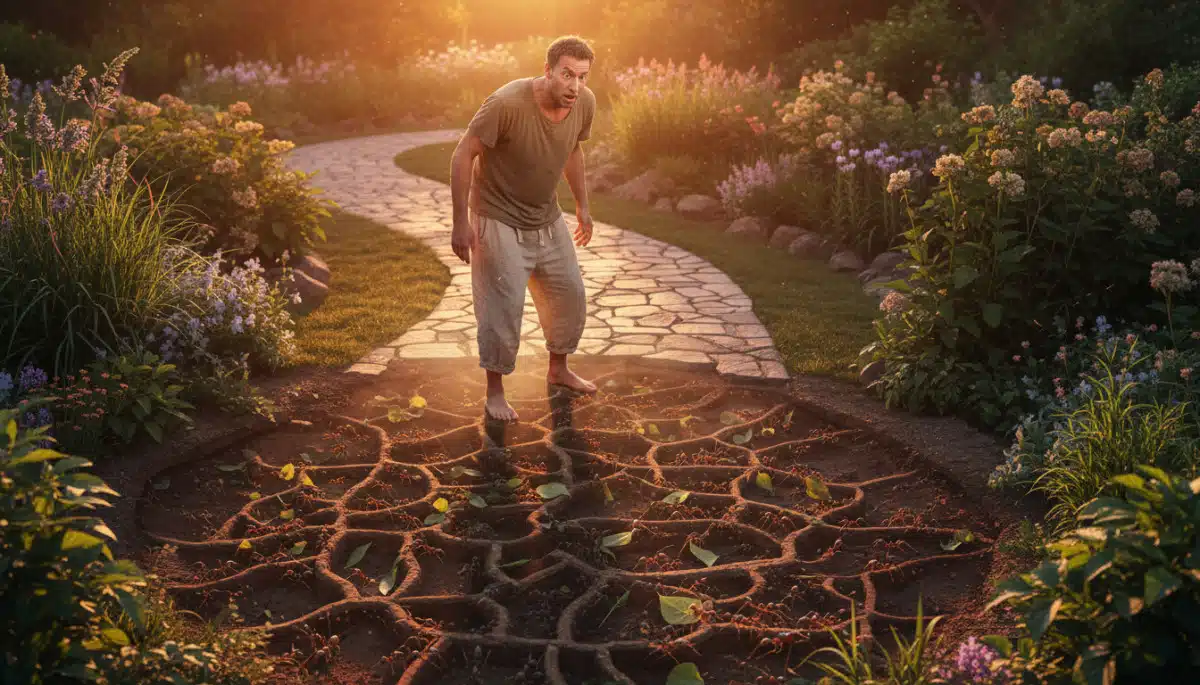 Homme découvrant un réseau de fourmilières caché sous ses pieds