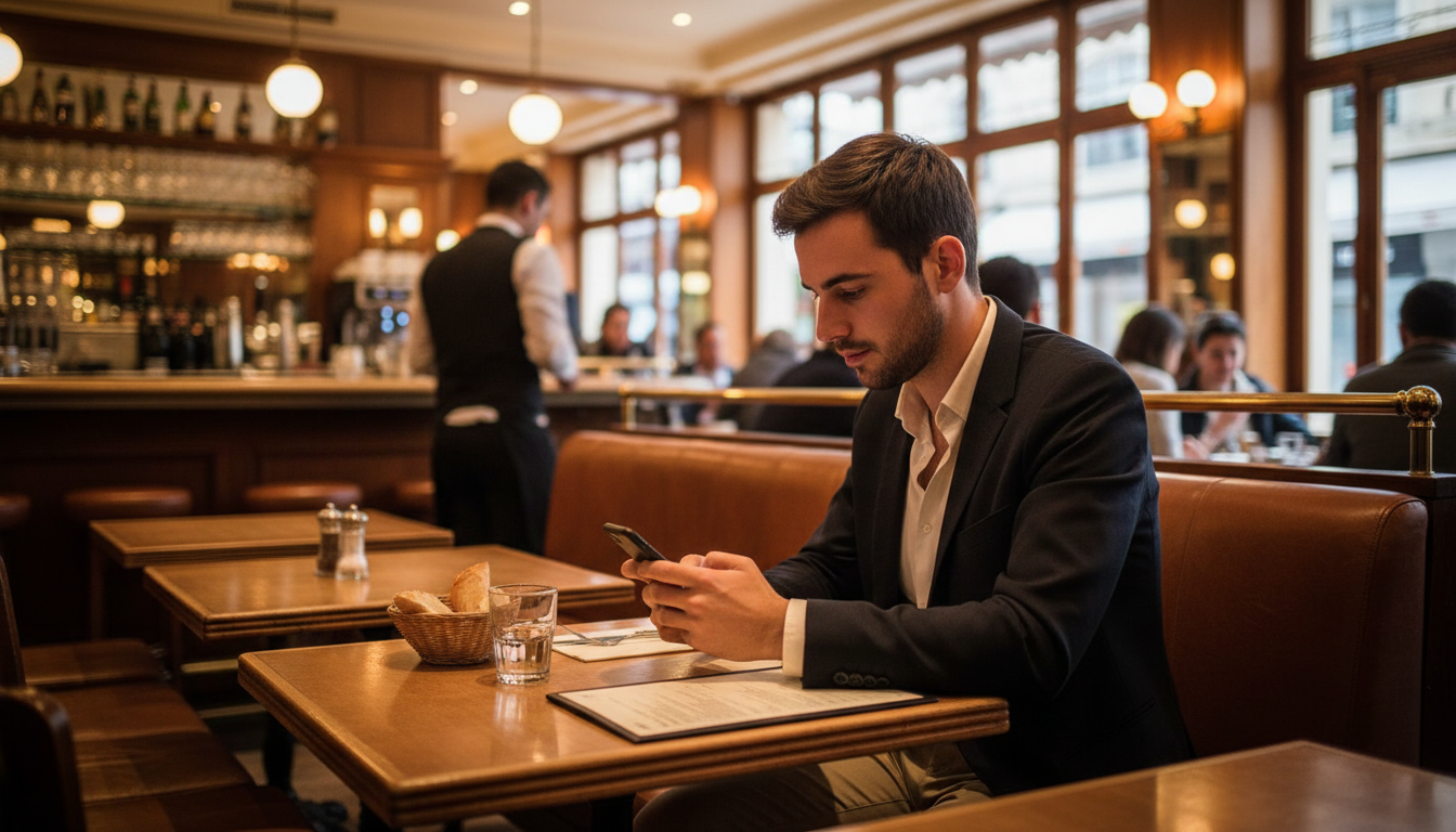 Homme déjeunant seul au restaurant en déplacement