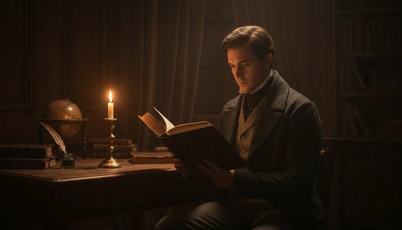 Homme du XIXe siècle lisant à la bougie