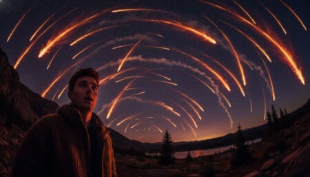 Homme émerveillé devant une pluie de météorites