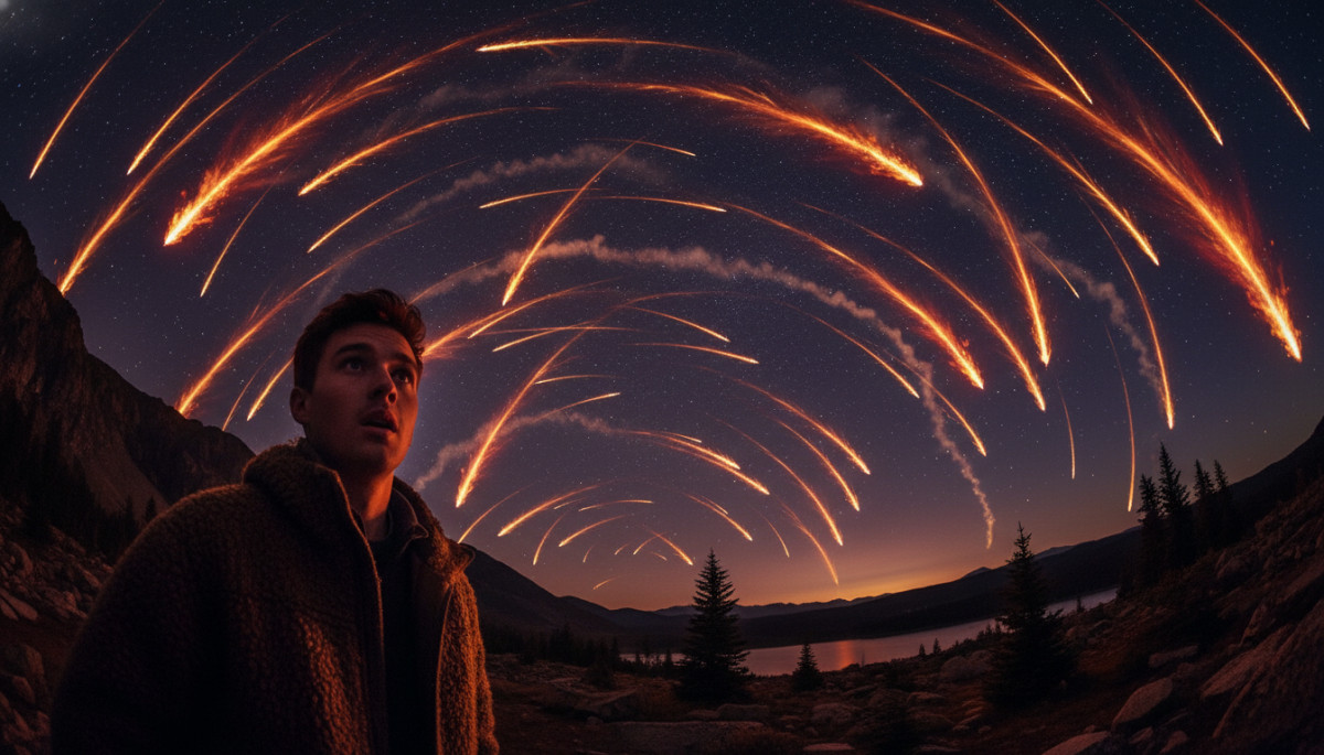 Homme émerveillé devant une pluie de météorites