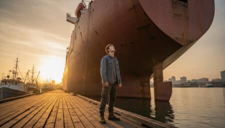 Homme émerveillé face à la coque d'un cargo géant