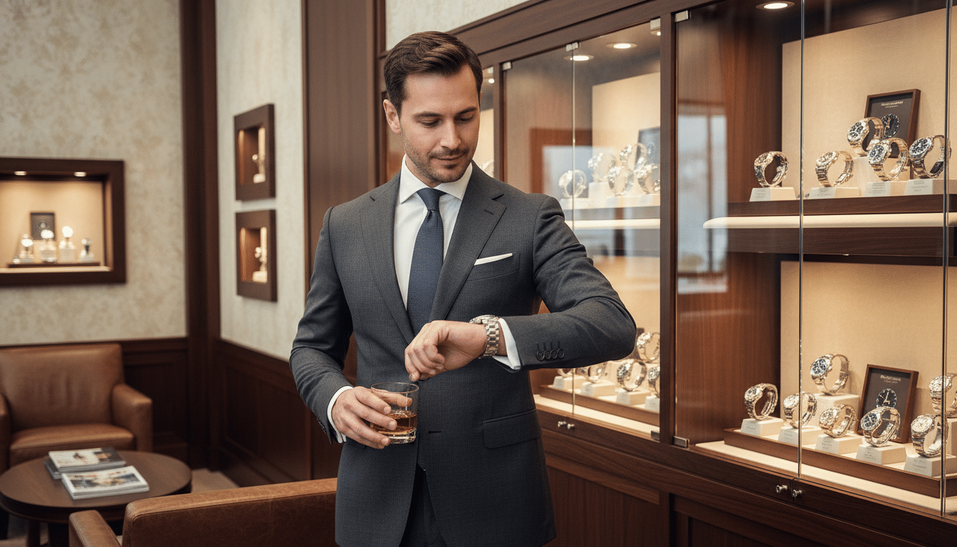 Homme en costume admirant sa montre de luxe en boutique