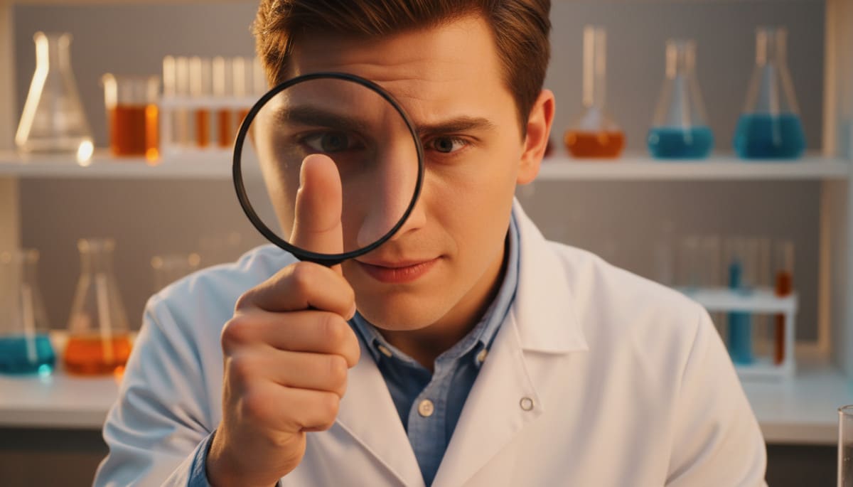 Homme en laboratoire examinant l'extrémité de son doigt fripé