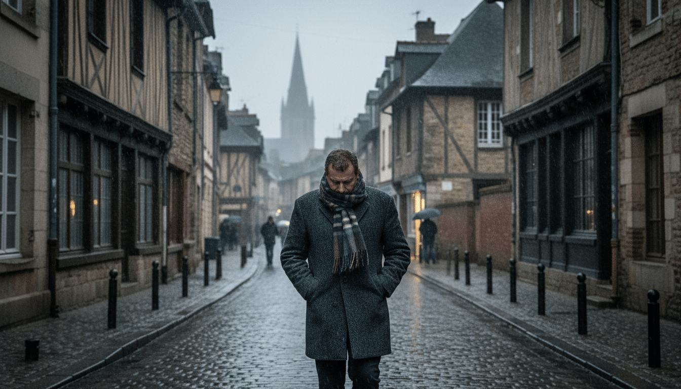 Homme en manteau par temps gris dans une rue du nord