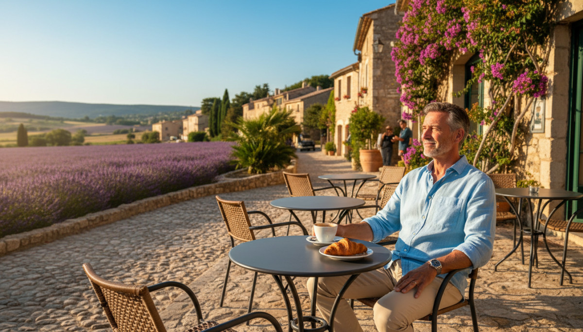 Homme en terrasse de café sous le soleil du Sud de la France