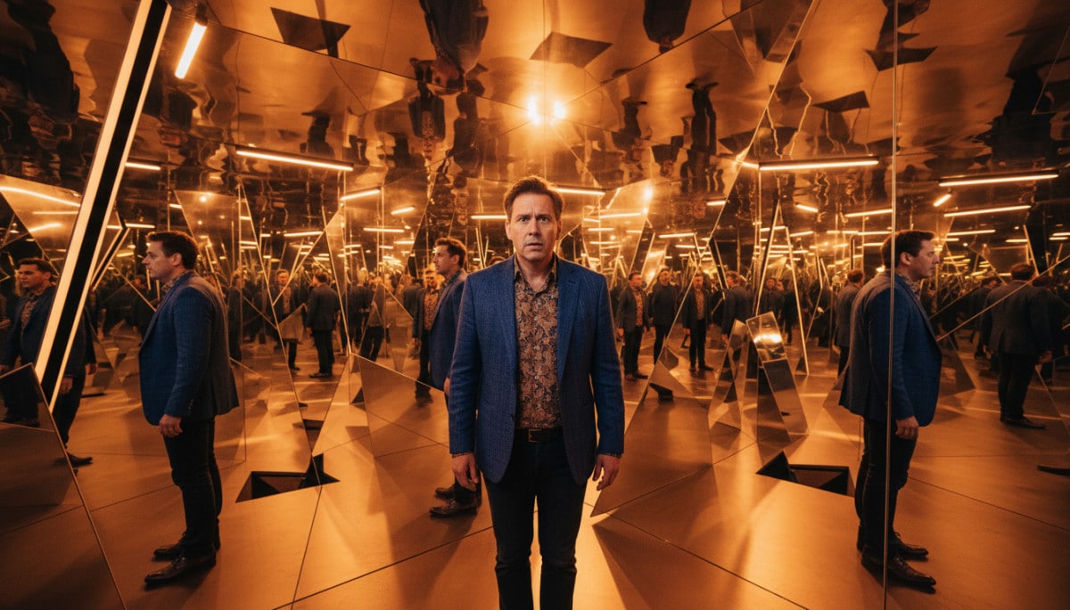 Homme entouré de miroirs sous plusieurs angles