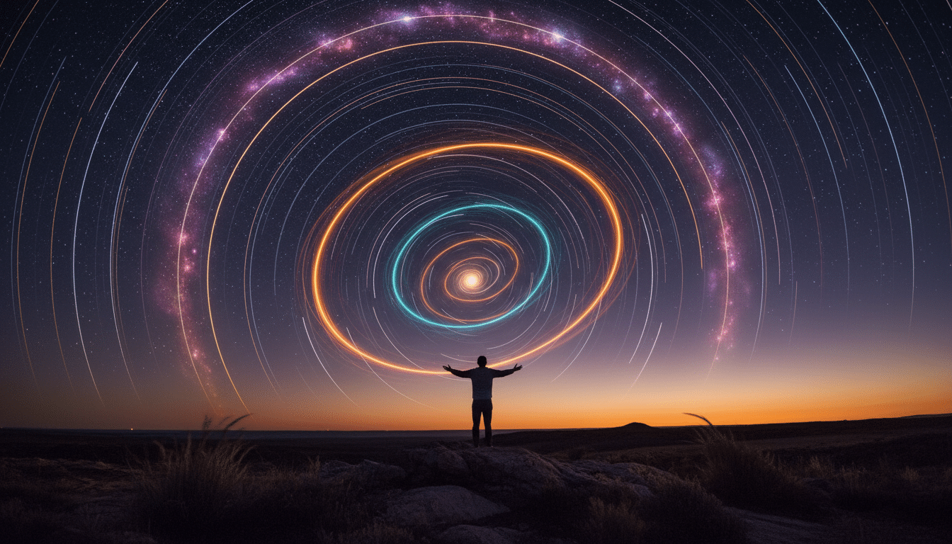 Homme entouré de trajectoires cosmiques en mouvement