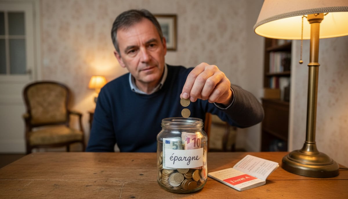 Homme épargnant des pièces dans un bocal à la maison