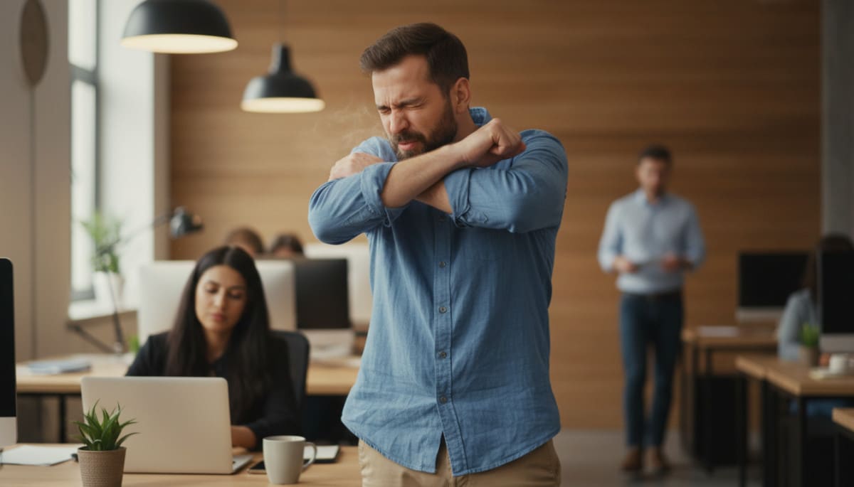 Homme éternuant dans le coude au bureau