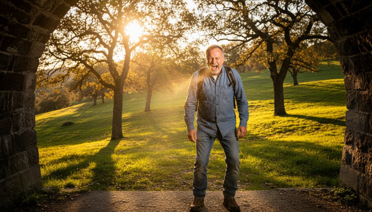 Homme éternuant en sortant d'un tunnel à la lumière