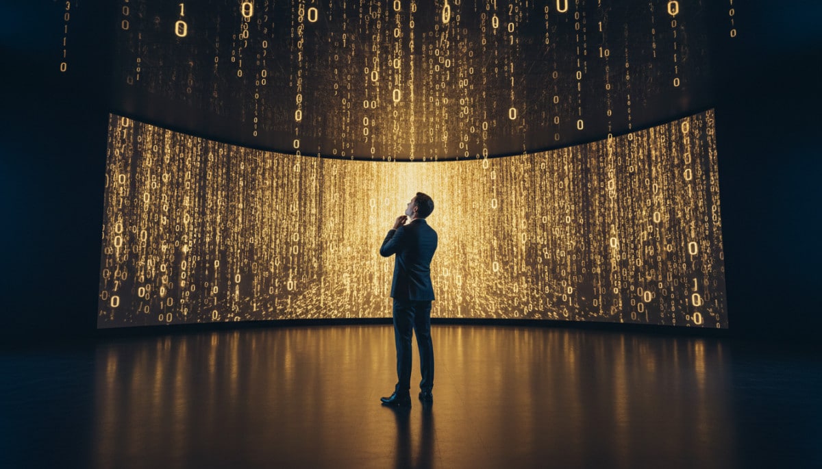 homme face à écran géant chiffres colossaux