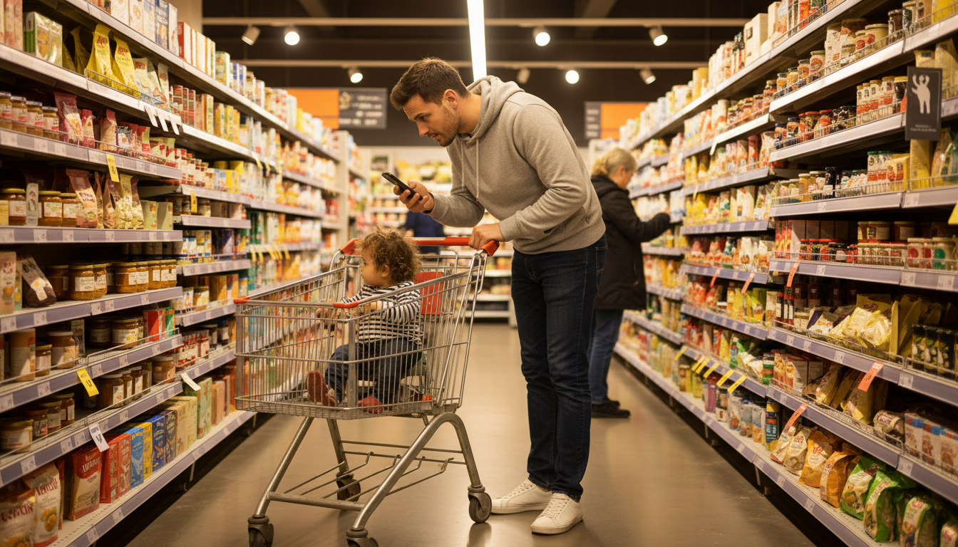 Homme faisant ses courses au supermarché avec son enfant