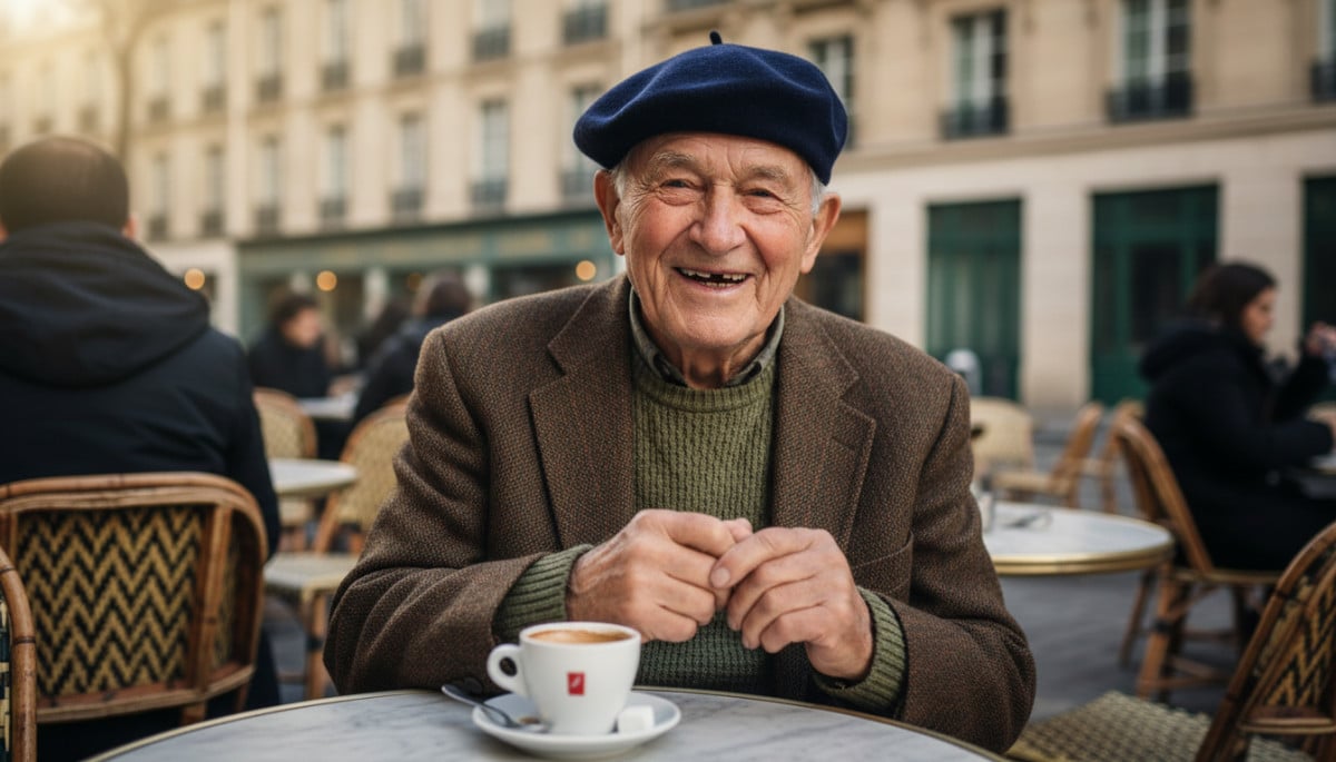 Homme français portant un béret basque au café