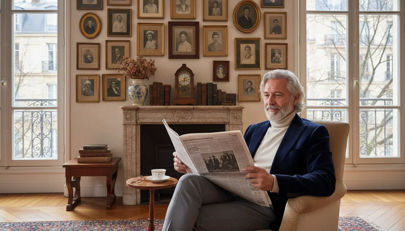 Homme français senior lisant dans son appartement parisien