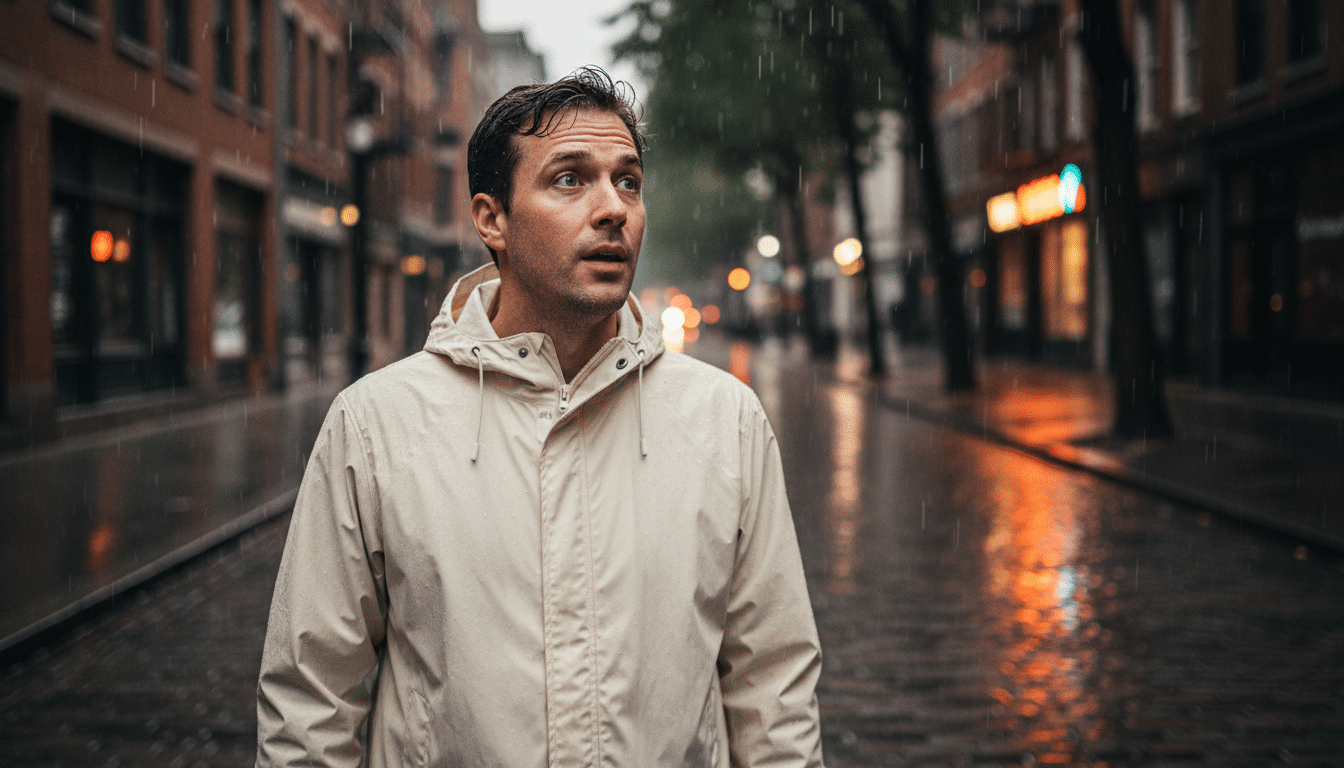 Homme imperméable sous pluie couleur inchangée