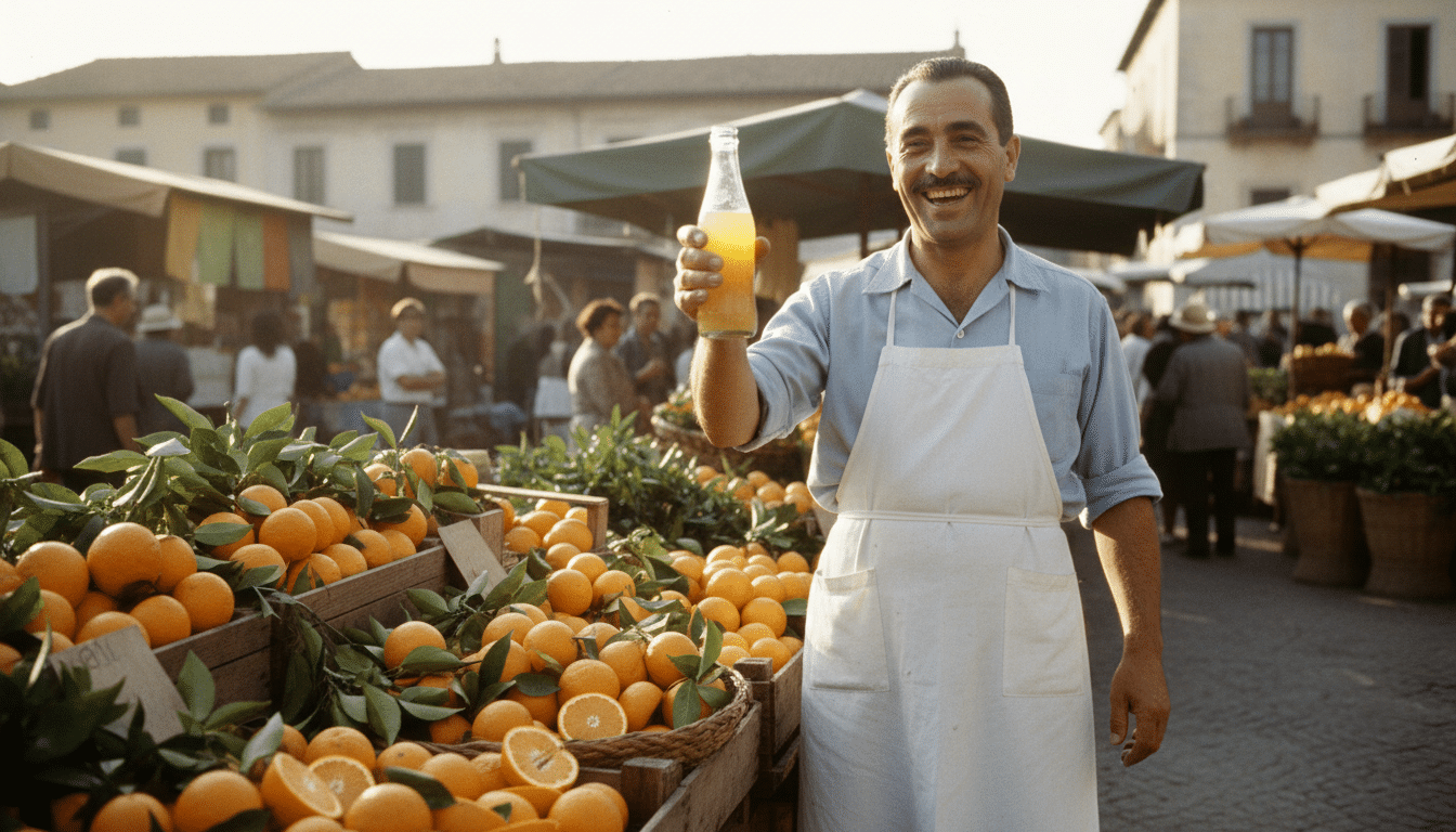homme italien 1955 tenant bouteille Fanta oranges siciliennes