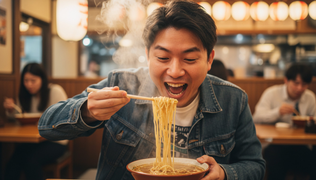 Homme japonais slurpant son ramen bruyamment