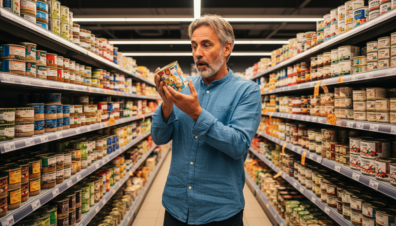 Homme lisant l'étiquette d'une boîte de thon en supermarché