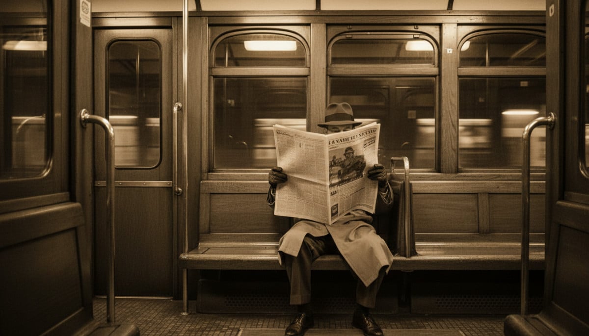 Homme lit le journal dans une rame de Métro parisien vintage.