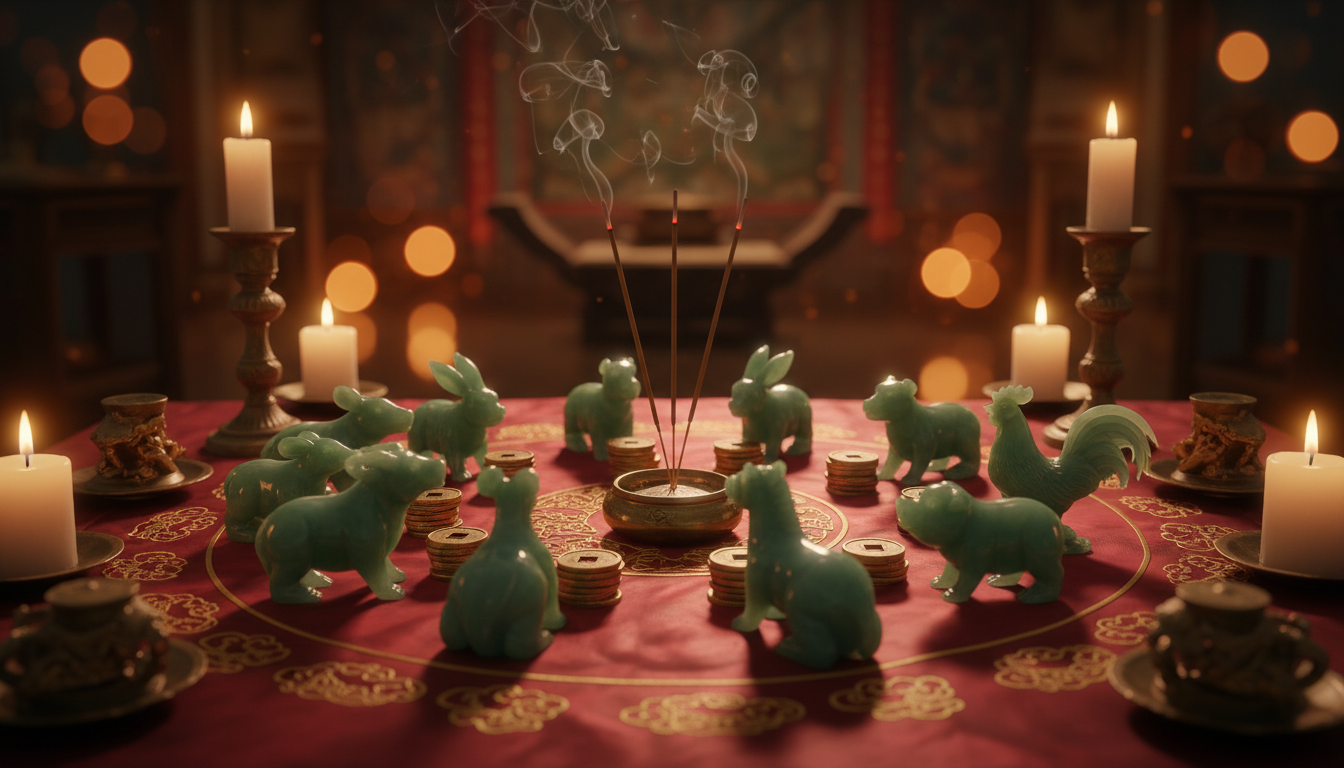 Homme méditant entouré des symboles du zodiaque chinois lumineux au lever du soleil