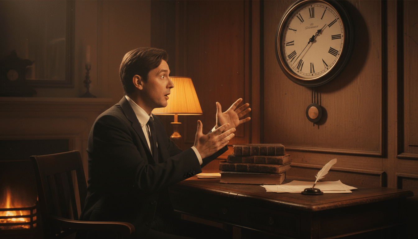 Homme observant une horloge murale, geste suspendu