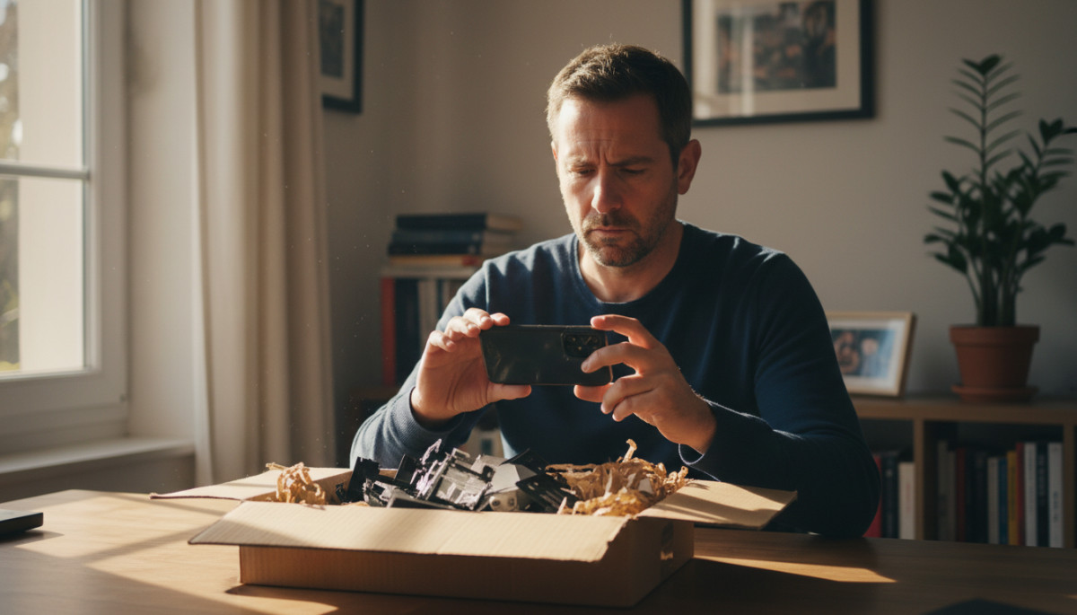 Homme photographiant un colis endommagé ouvert