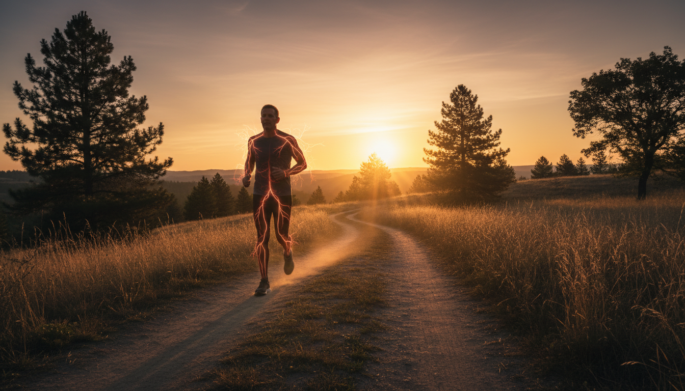 homme qui court avec réseau circulatoire lumineux autour de lui