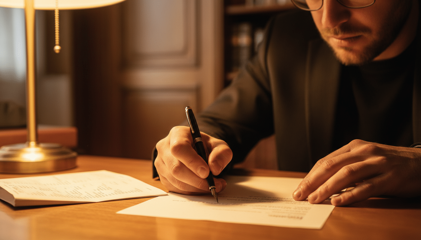 Homme rédigeant réclamation écrite à sa banque