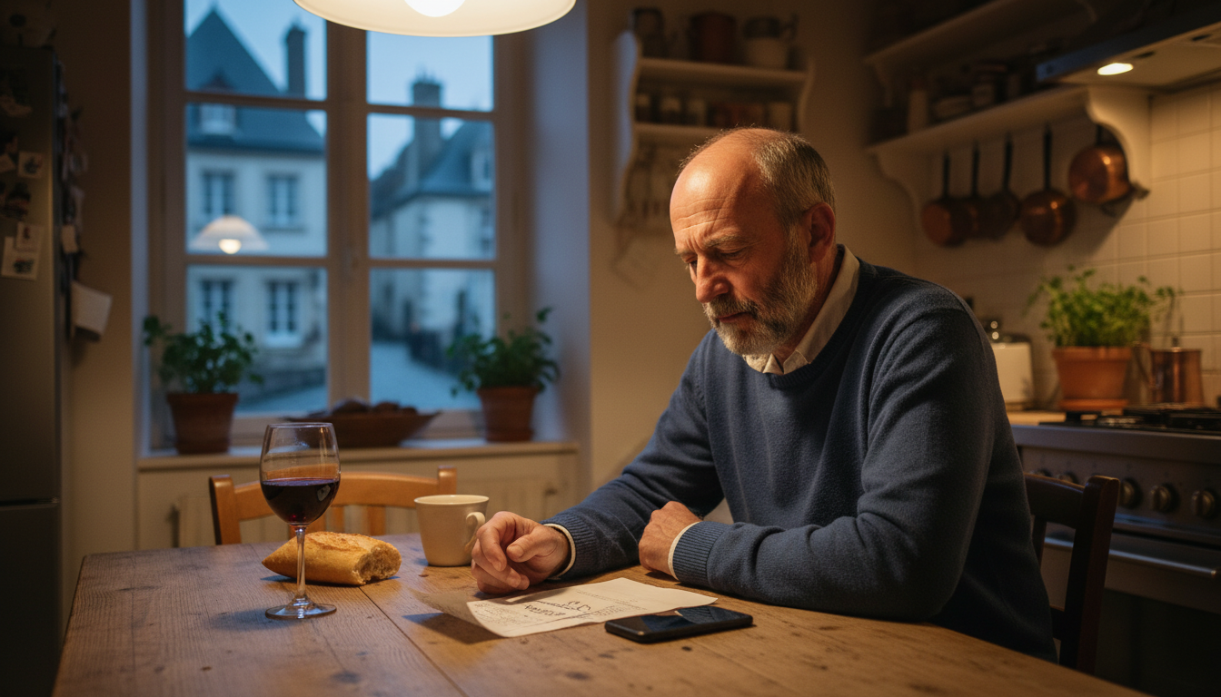 Homme regardant son iPhone face à une facture élevée