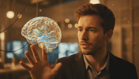 Homme regardant un cerveau holographique lumineux