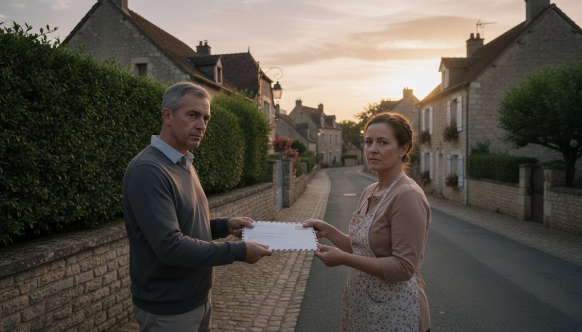Homme remettant une lettre recommandée à son voisin