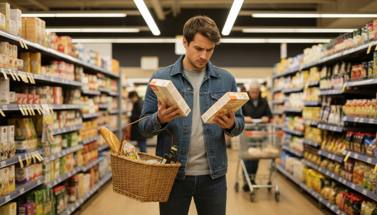 Homme seul faisant ses courses au supermarché avec un panier