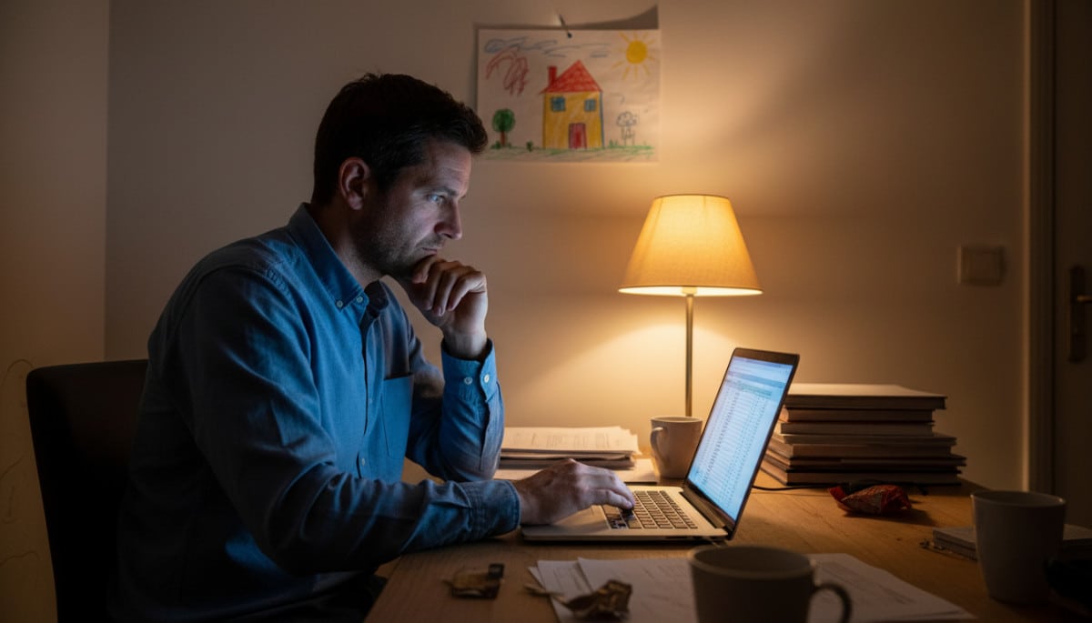 Homme seul révisant son budget sur ordinateur la nuit
