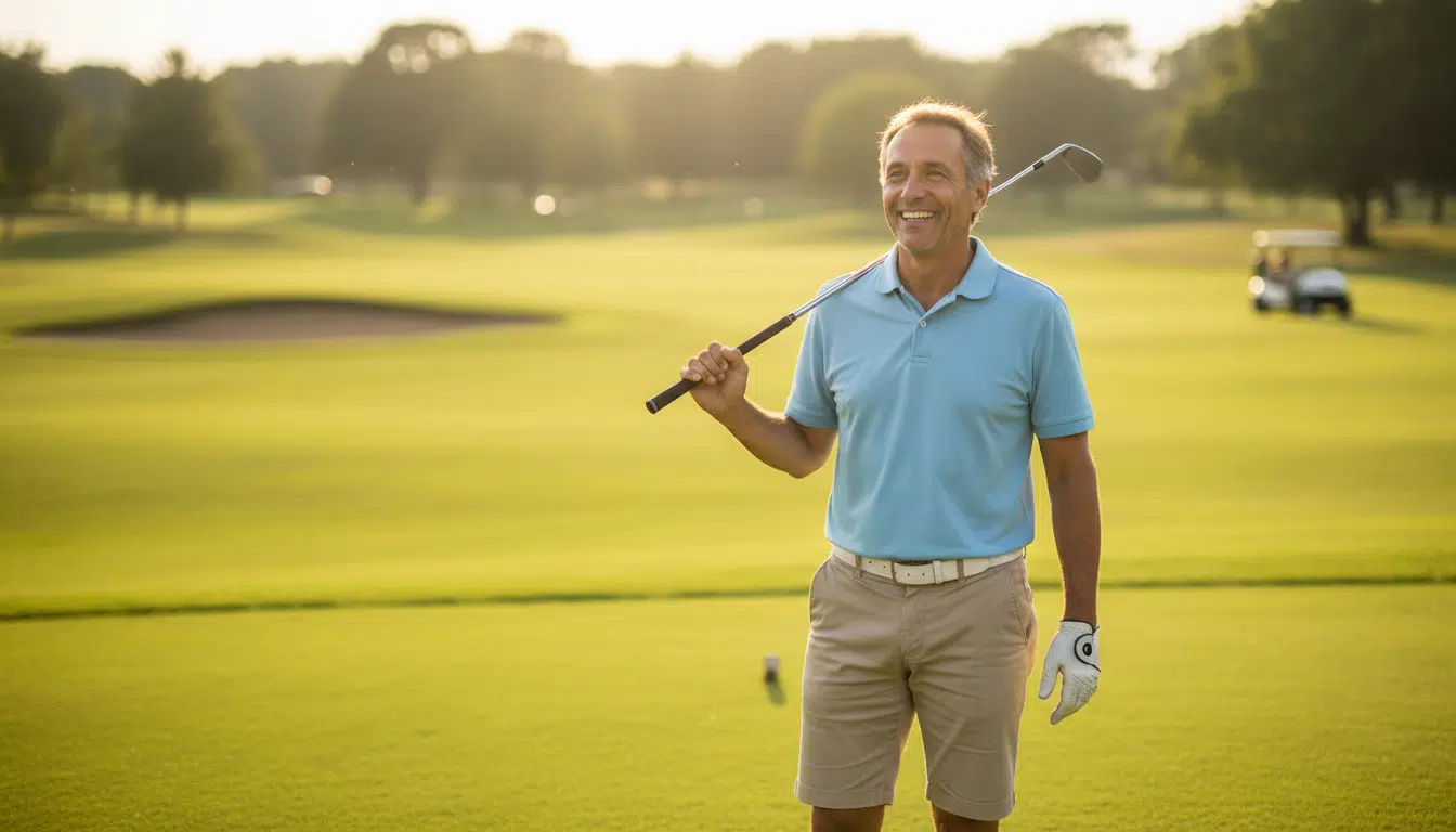 Homme souriant tenant un club de golf au soleil
