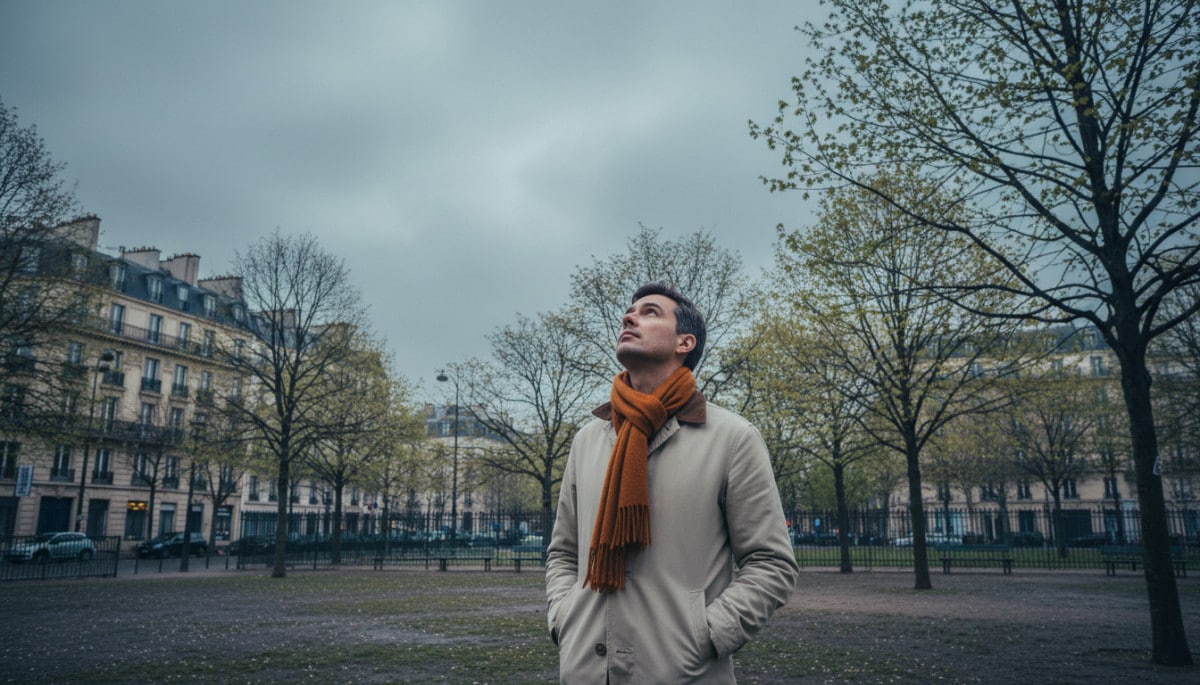 Homme sous ciel gris dans un parc parisien ce samedi